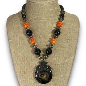 Y2K Vintage Unbranded Peach Black Bronze Tone Beaded African Chunky Necklace Wit
